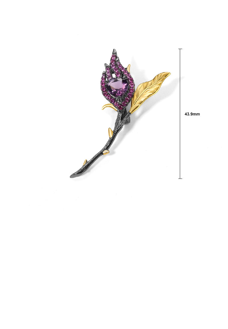 925 Sterling Silver Plated Black Fashion Temperament Floral Amethyst Brooch with Cubic Zirconia - Luxurious Look
