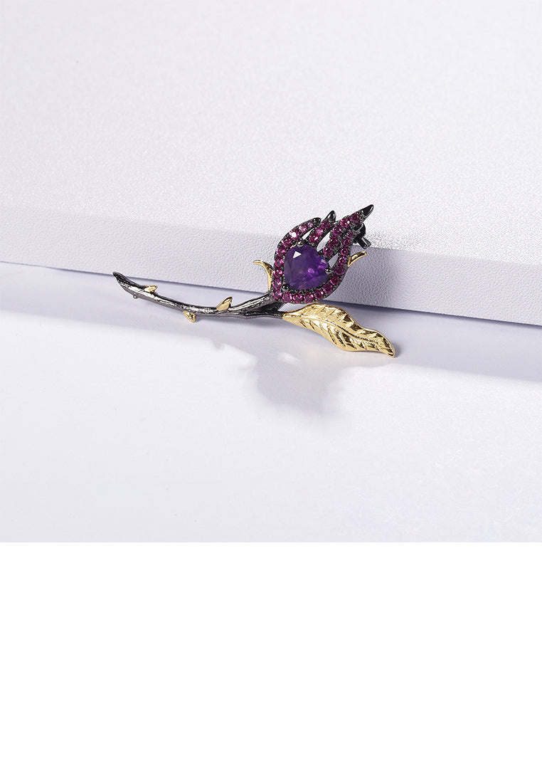 925 Sterling Silver Plated Black Fashion Temperament Floral Amethyst Brooch with Cubic Zirconia - Luxurious Look
