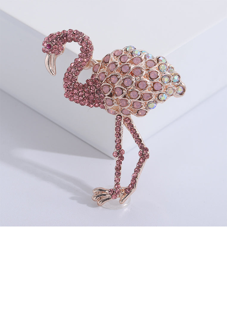 Fashion Brilliant Plated Gold Flamingo Brooch with Pink Cubic Zirconia - Luxurious Look - Vibrant Color
