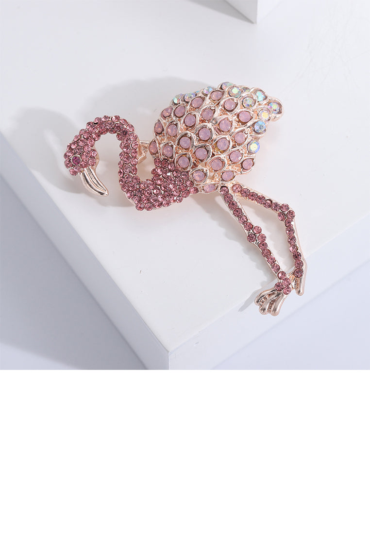 Fashion Brilliant Plated Gold Flamingo Brooch with Pink Cubic Zirconia - Luxurious Look - Vibrant Color