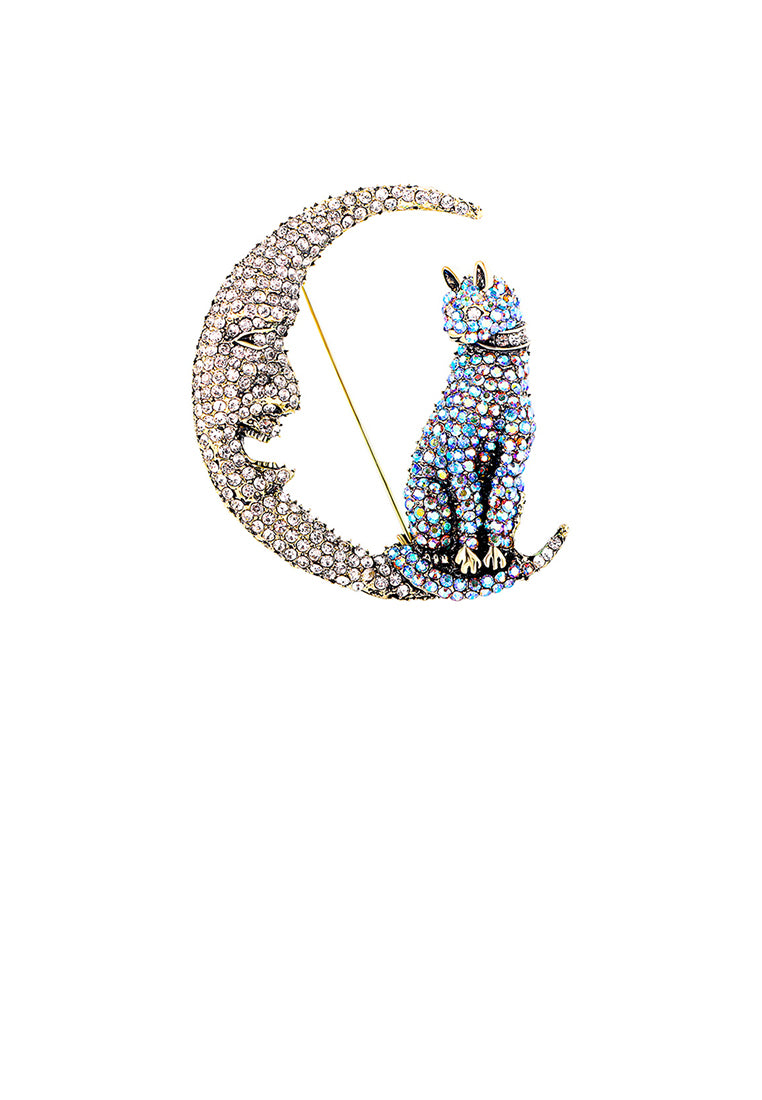 Fashion Brilliant Plated Gold Cat Moon Brooch with Cubic Zirconia - Luxurious Look
