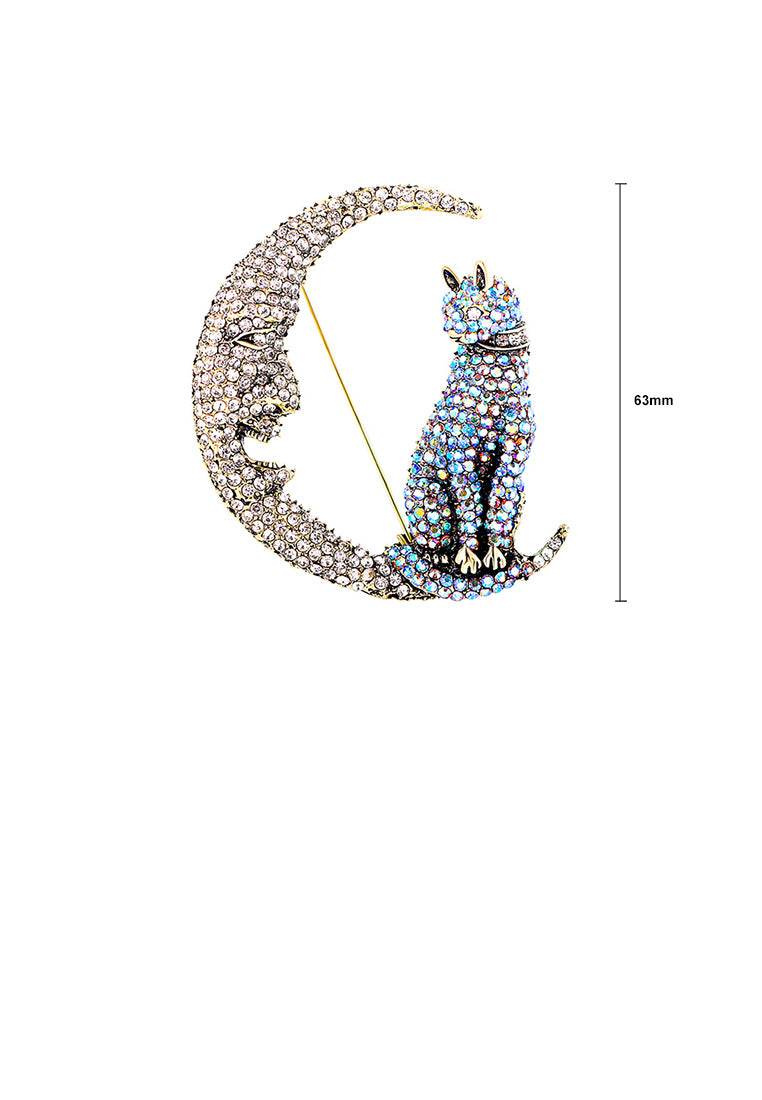 Fashion Brilliant Plated Gold Cat Moon Brooch with Cubic Zirconia - Luxurious Look