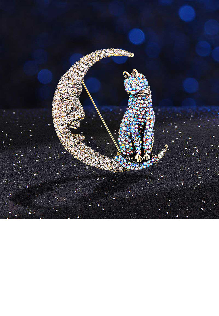 Fashion Brilliant Plated Gold Cat Moon Brooch with Cubic Zirconia - Luxurious Look