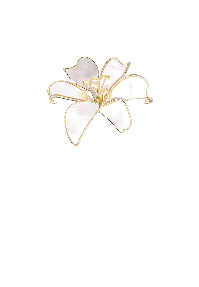 Fashion and Elegant Plated Gold Lily Flower Mother-of-pearl Brooch with Cubic Zirconia - Luxurious Look