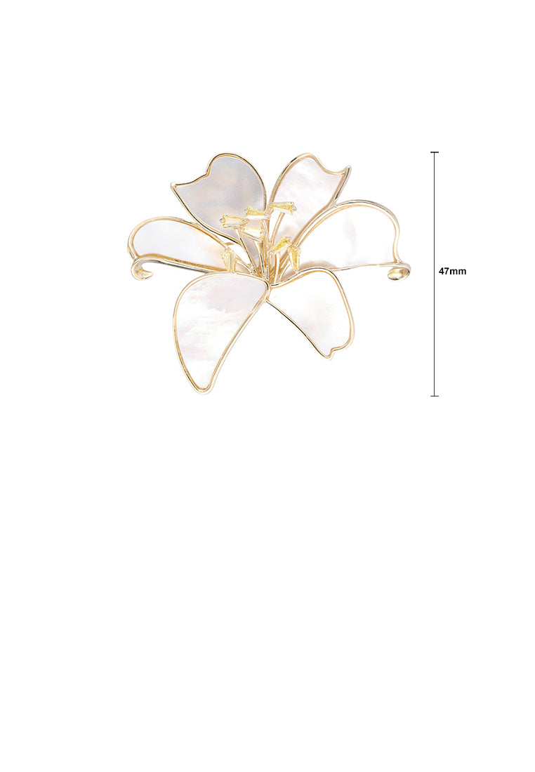 Fashion and Elegant Plated Gold Lily Flower Mother-of-pearl Brooch with Cubic Zirconia - Luxurious Look