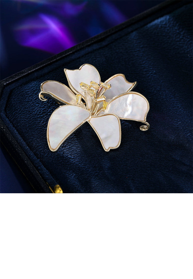 Fashion and Elegant Plated Gold Lily Flower Mother-of-pearl Brooch with Cubic Zirconia - Luxurious Look