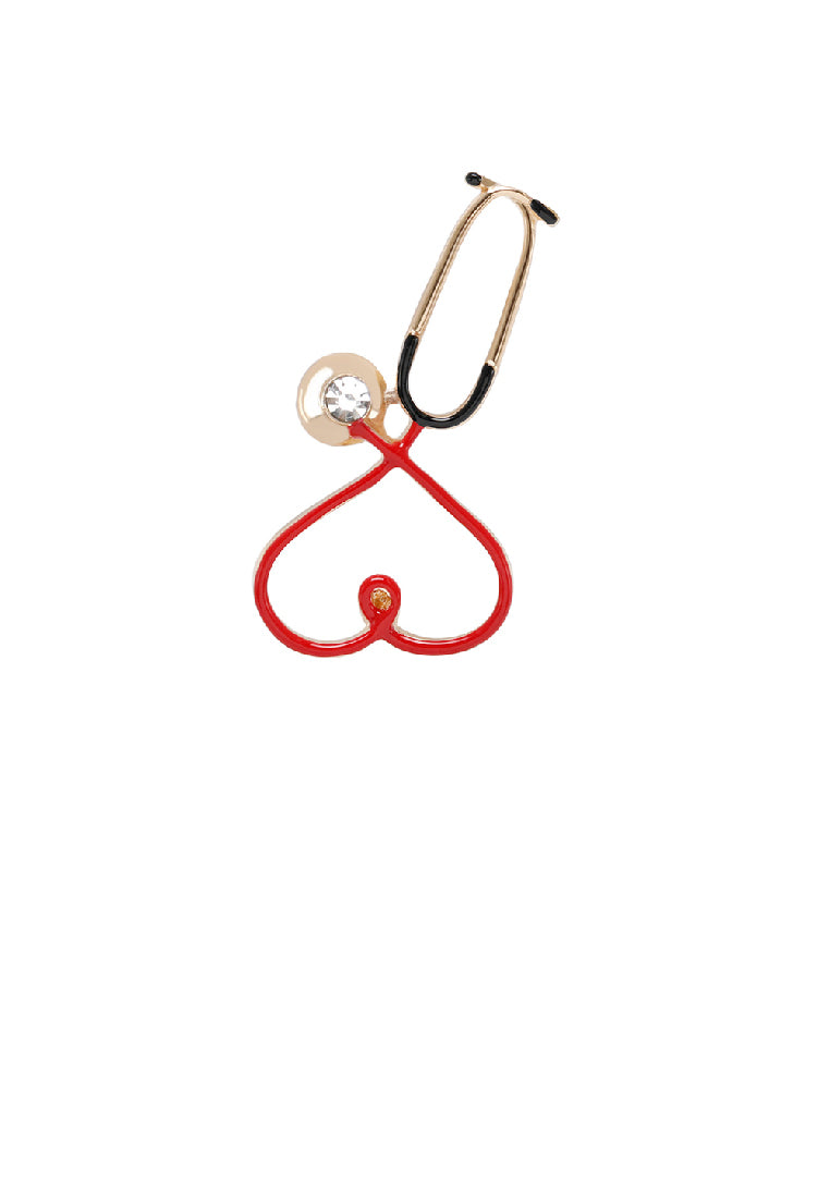 Simple Creative Plated Gold Enamel Heart Shape Stethoscope Brooch with Cubic Zirconia - Luxurious Look