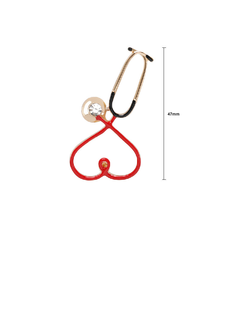 Simple Creative Plated Gold Enamel Heart Shape Stethoscope Brooch with Cubic Zirconia - Luxurious Look