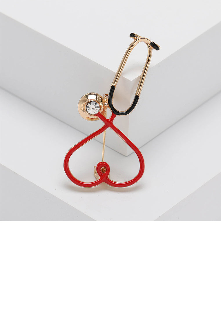 Simple Creative Plated Gold Enamel Heart Shape Stethoscope Brooch with Cubic Zirconia - Luxurious Look