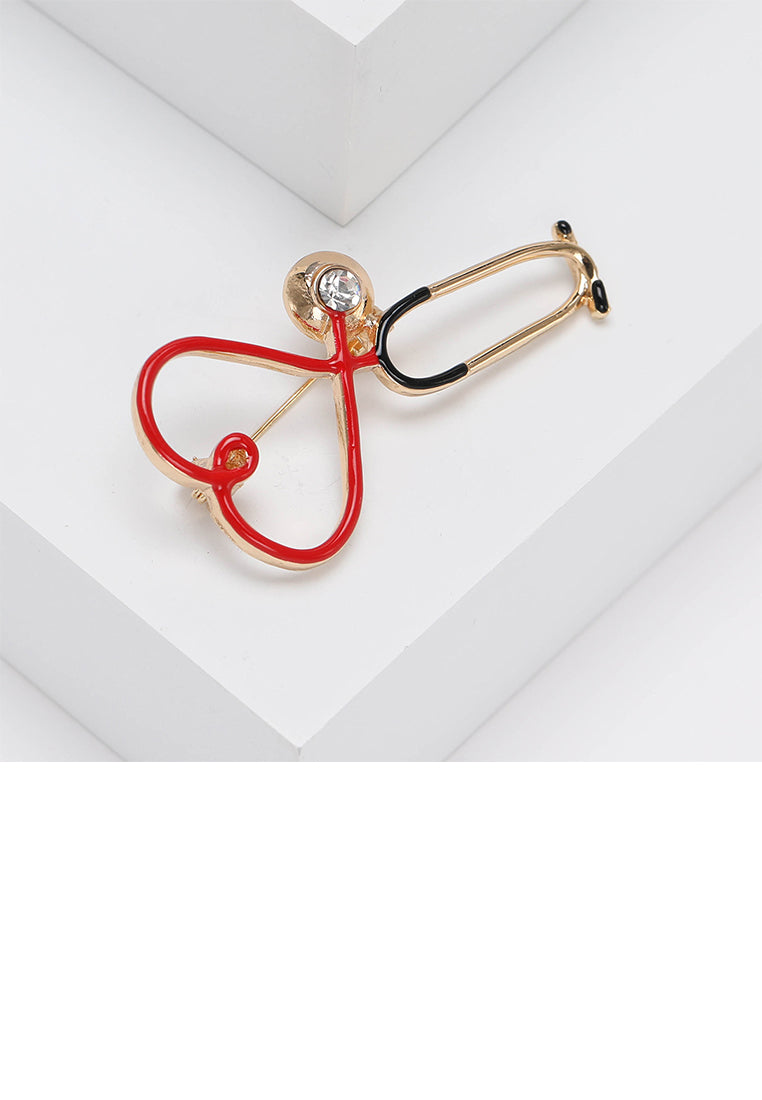 Simple Creative Plated Gold Enamel Heart Shape Stethoscope Brooch with Cubic Zirconia - Luxurious Look