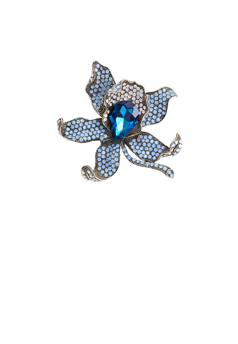 Elegant and Fashion Plated Gold Flower Brooch with Blue Cubic Zirconia - Luxurious Look