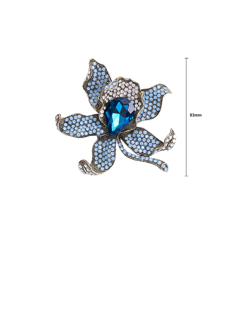 Elegant and Fashion Plated Gold Flower Brooch with Blue Cubic Zirconia - Luxurious Look