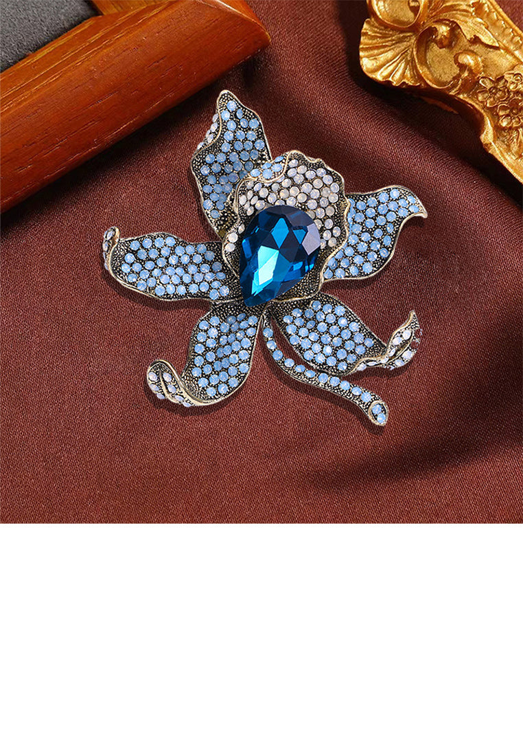Elegant and Fashion Plated Gold Flower Brooch with Blue Cubic Zirconia - Luxurious Look