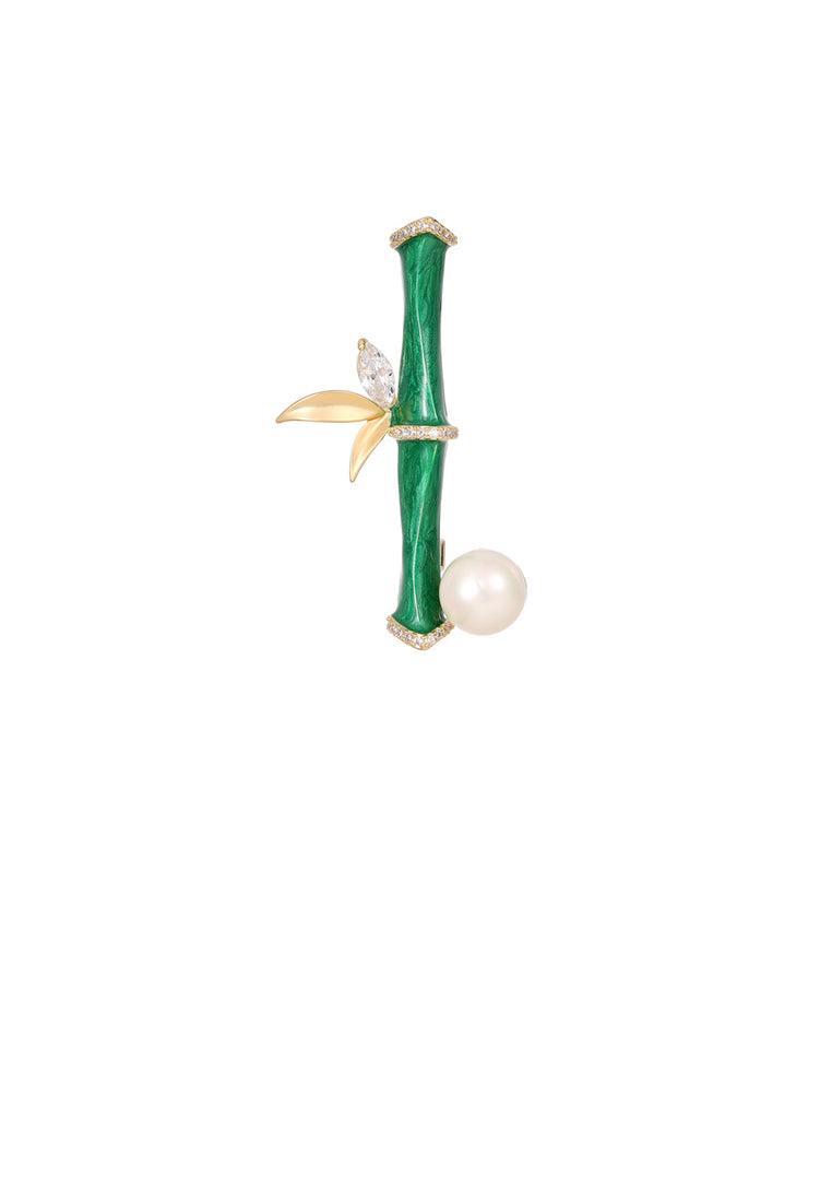 Fashion Vintage Plated Gold Enamel Bamboo Imitation Pearl Brooch with Cubic Zirconia - Luxurious Look