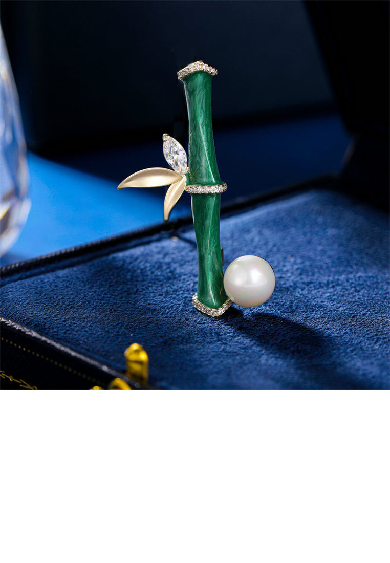 Fashion Vintage Plated Gold Enamel Bamboo Imitation Pearl Brooch with Cubic Zirconia - Luxurious Look