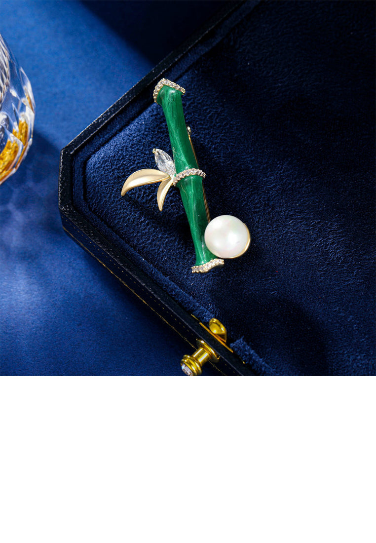 Fashion Vintage Plated Gold Enamel Bamboo Imitation Pearl Brooch with Cubic Zirconia - Luxurious Look