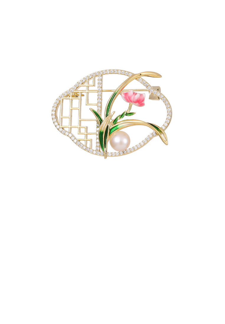 Fashion Vintage Plated Gold Flower Hollow Window Grille Imitation Pearl Brooch with Cubic Zirconia - Luxurious Look