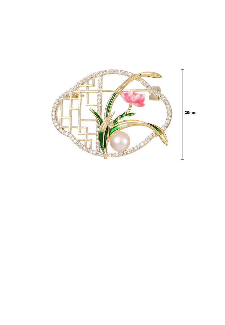 Fashion Vintage Plated Gold Flower Hollow Window Grille Imitation Pearl Brooch with Cubic Zirconia - Luxurious Look