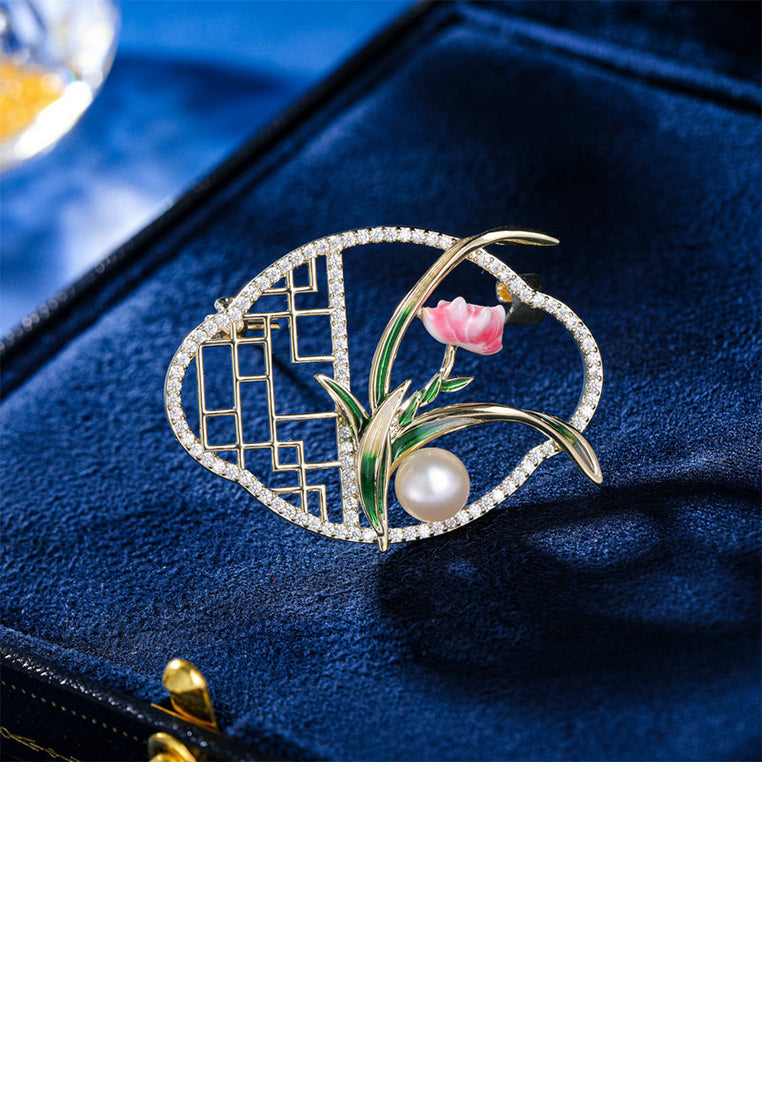 Fashion Vintage Plated Gold Flower Hollow Window Grille Imitation Pearl Brooch with Cubic Zirconia - Luxurious Look