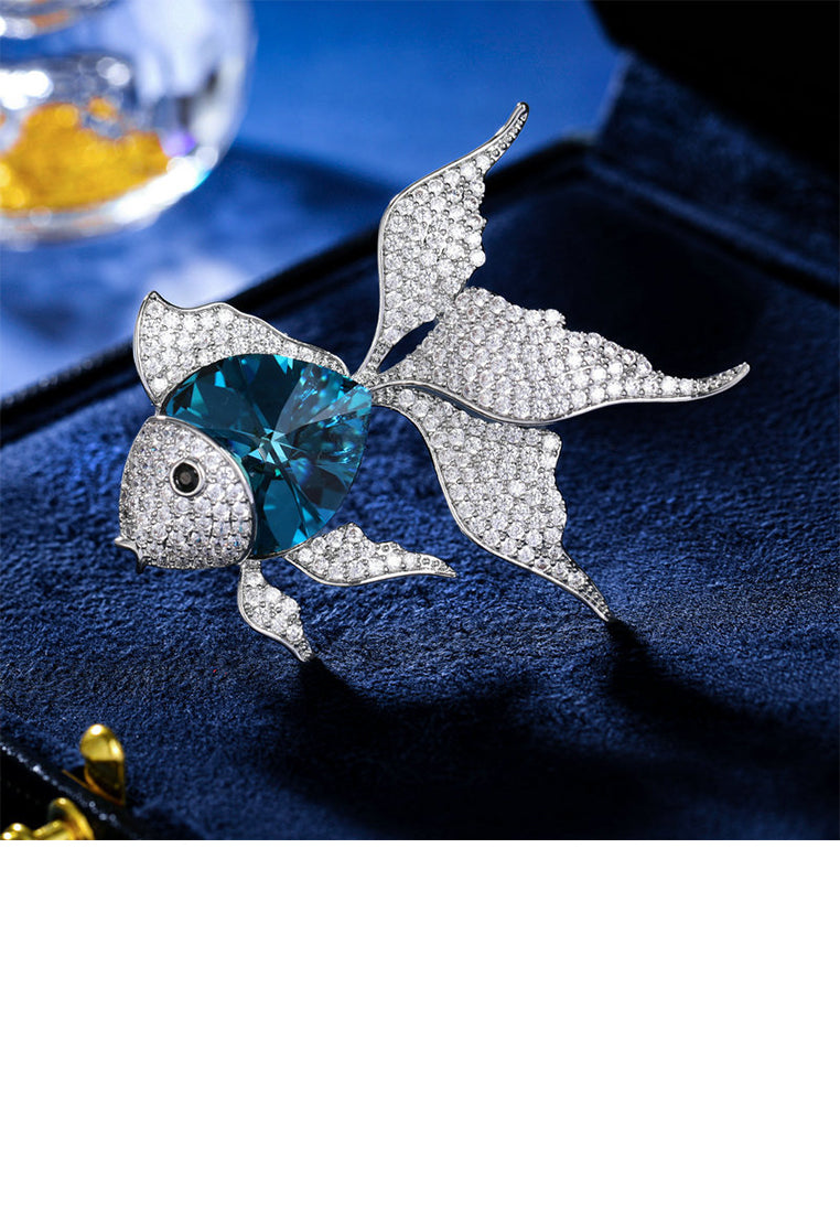 Fashion Brilliant Blue Goldfish Brooch with Cubic Zirconia - Luxurious Look