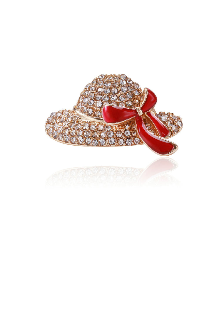 Fashion Bright Plated Gold Enamel Red Ribbon Hat Brooch with Cubic Zirconia - Luxurious Look - Vibrant Color