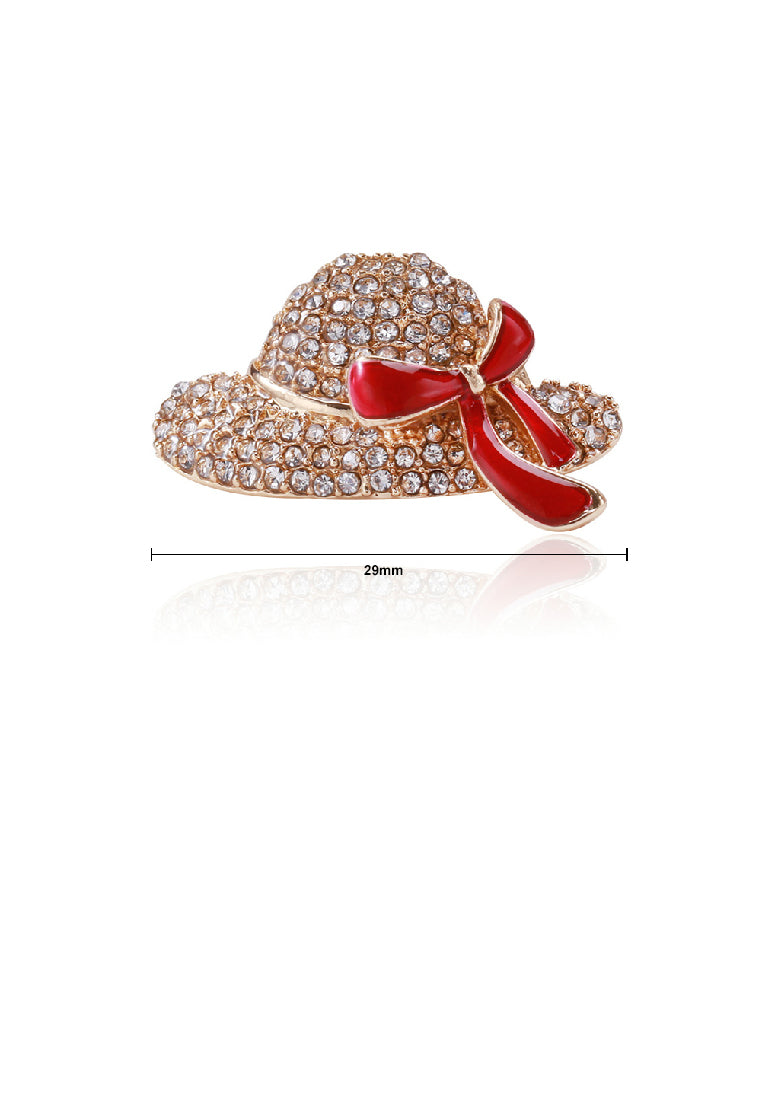 Fashion Bright Plated Gold Enamel Red Ribbon Hat Brooch with Cubic Zirconia - Luxurious Look - Vibrant Color