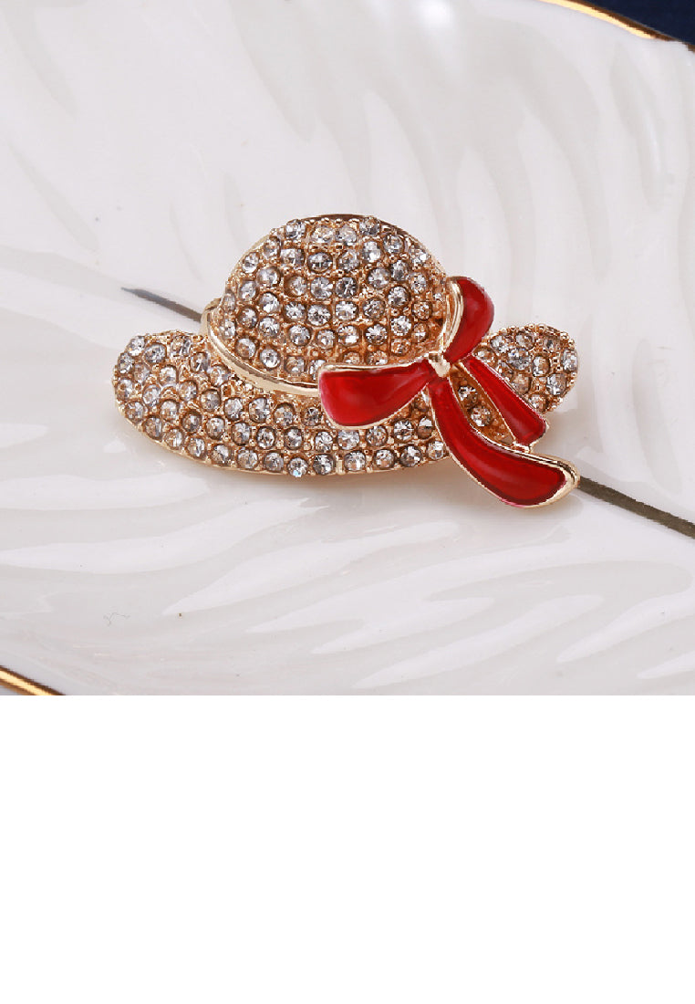 Fashion Bright Plated Gold Enamel Red Ribbon Hat Brooch with Cubic Zirconia - Luxurious Look - Vibrant Color