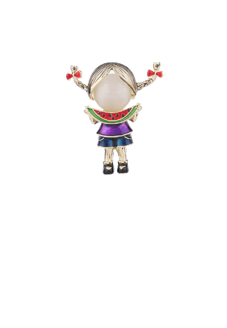 Simple and Cute Plated Gold Enamel Little Girl Eating Watermelon Brooch with Imitation Opal