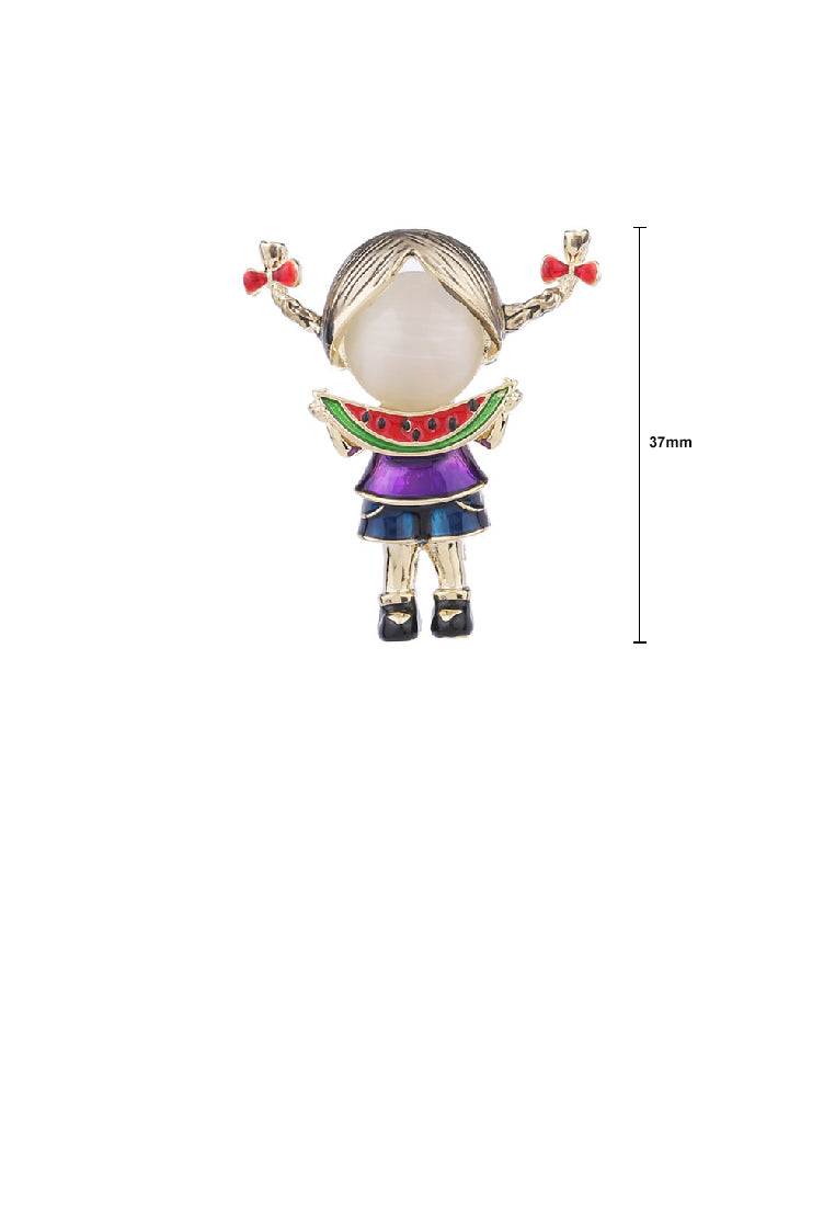 Simple and Cute Plated Gold Enamel Little Girl Eating Watermelon Brooch with Imitation Opal