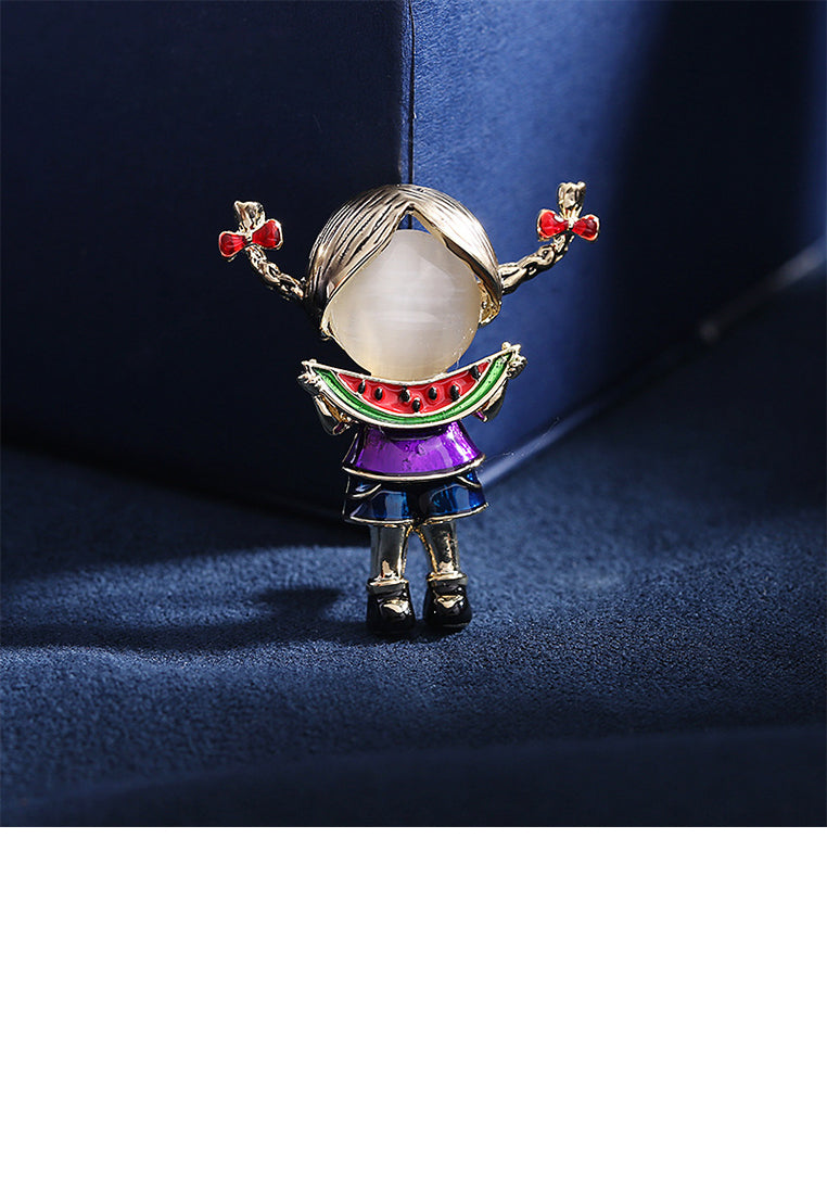 Simple and Cute Plated Gold Enamel Little Girl Eating Watermelon Brooch with Imitation Opal