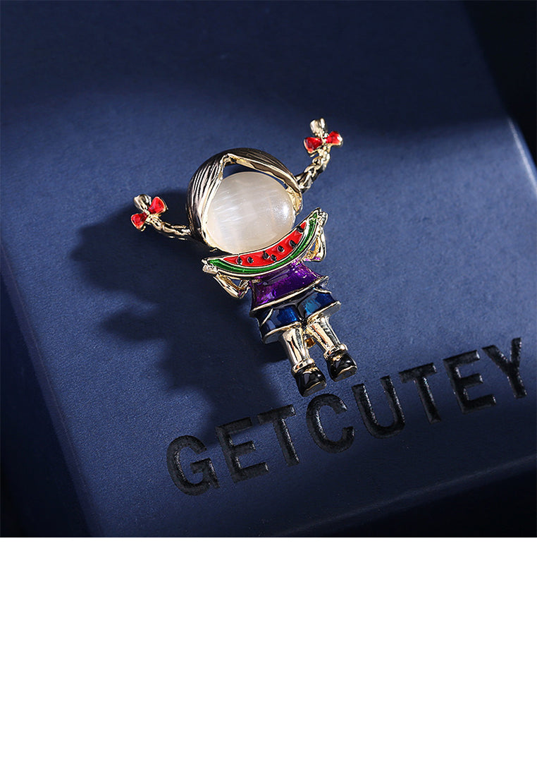 Simple and Cute Plated Gold Enamel Little Girl Eating Watermelon Brooch with Imitation Opal