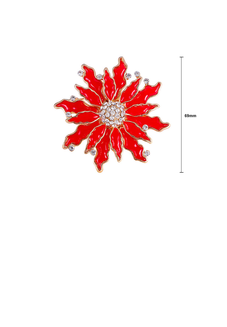 Fashion Temperament Plated Gold Enamel Red Flower Brooch with Cubic Zirconia - Luxurious Look - Vibrant Color