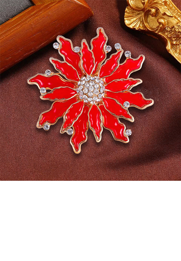 Fashion Temperament Plated Gold Enamel Red Flower Brooch with Cubic Zirconia - Luxurious Look - Vibrant Color