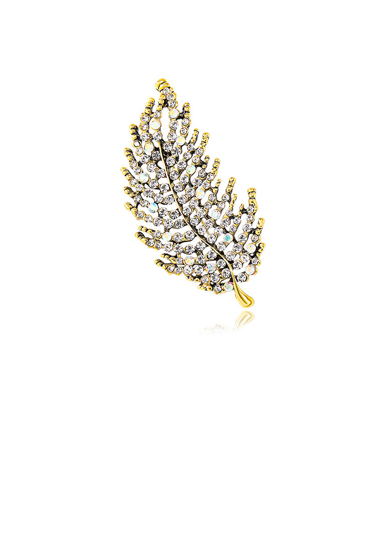 Fashion Brilliant Plated Gold Leaf Brooch with White Cubic Zirconia - Luxurious Look