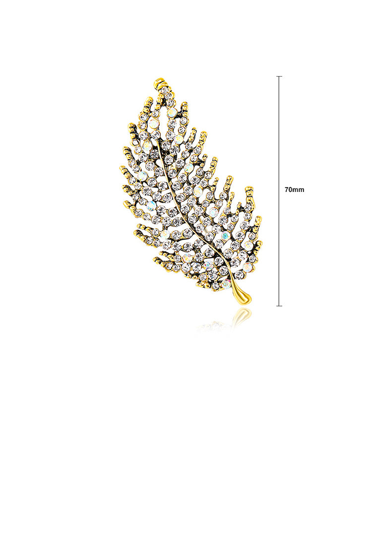 Fashion Brilliant Plated Gold Leaf Brooch with White Cubic Zirconia - Luxurious Look