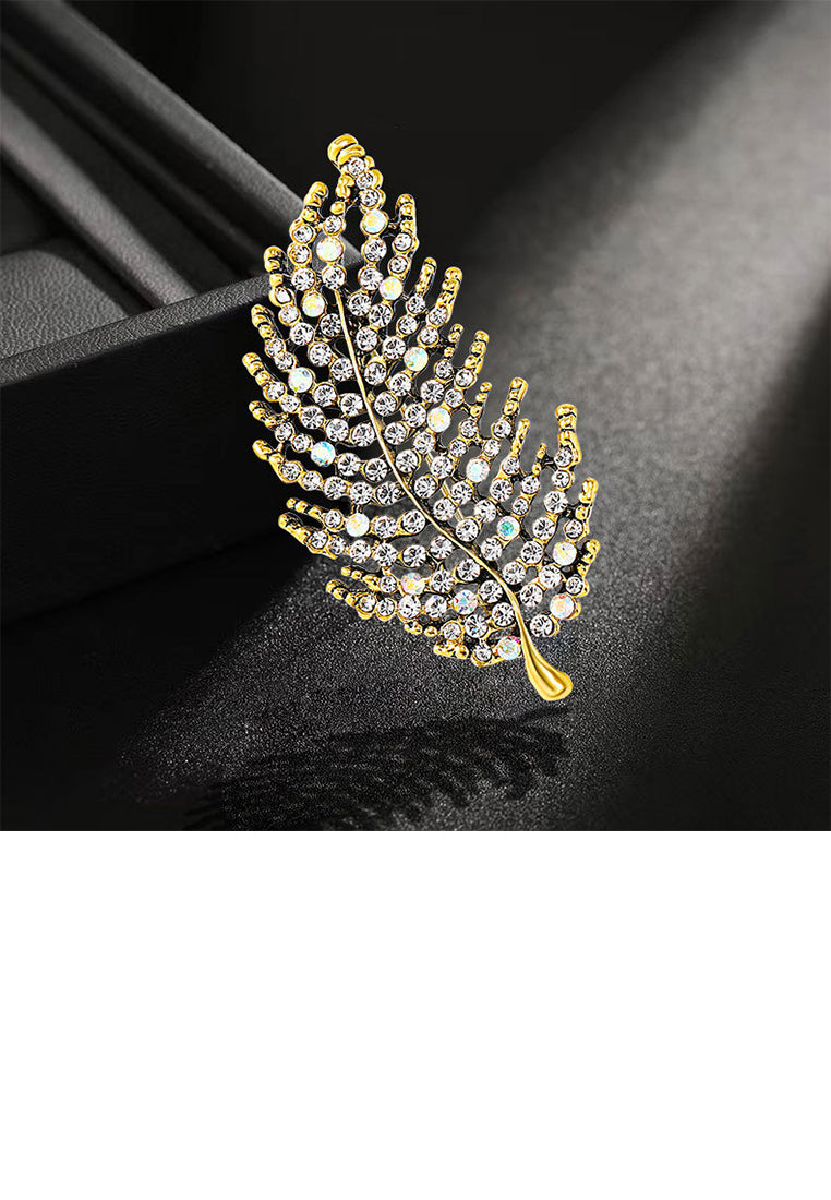 Fashion Brilliant Plated Gold Leaf Brooch with White Cubic Zirconia - Luxurious Look