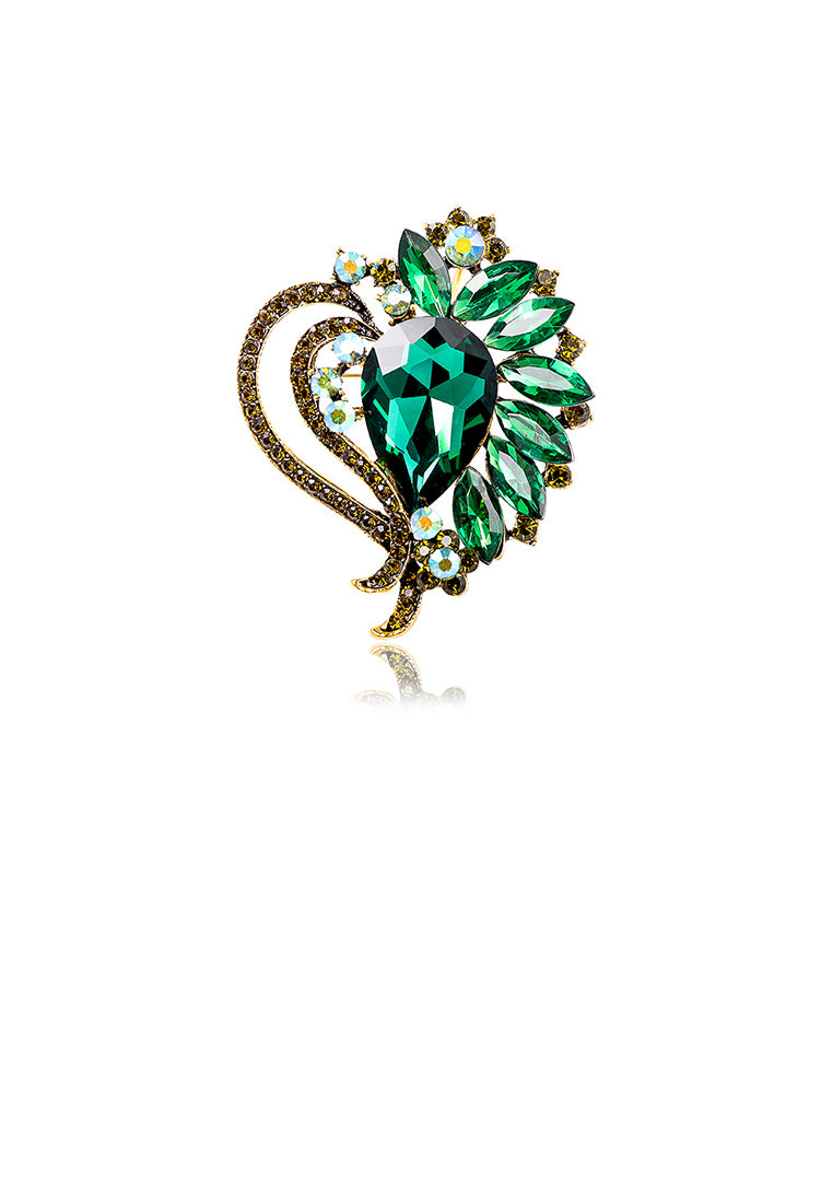 Elegant Brilliant Plated Gold Heart Floral Brooch with Green Cubic Zirconia - Luxurious Look