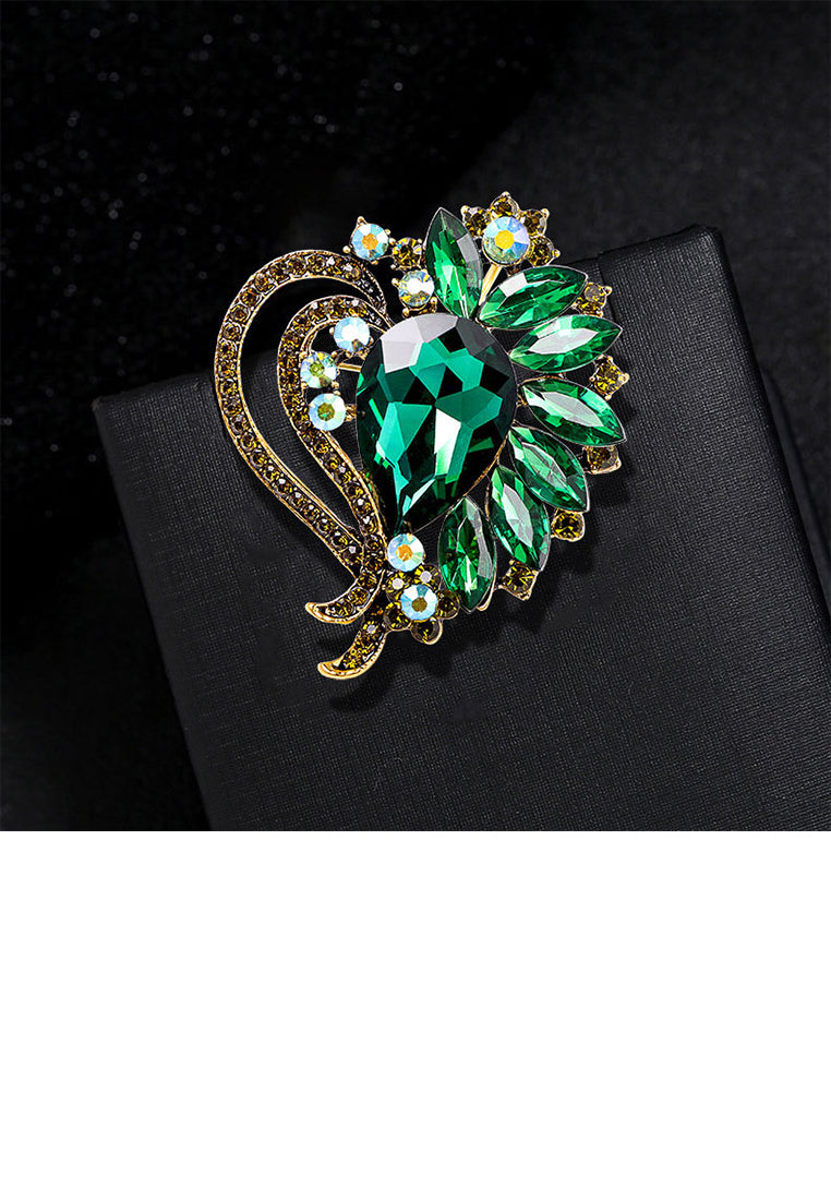Elegant Brilliant Plated Gold Heart Floral Brooch with Green Cubic Zirconia - Luxurious Look