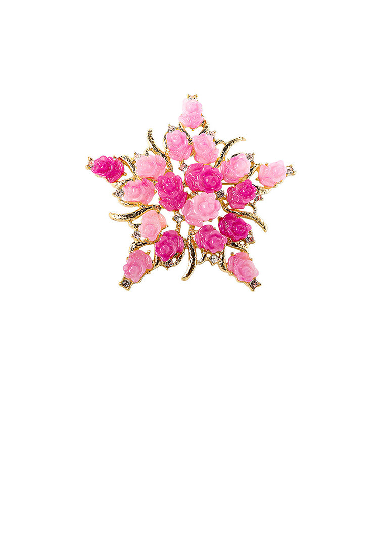 Fashion and Elegant Plated Gold Rose Star Brooch with Cubic Zirconia - Luxurious Look