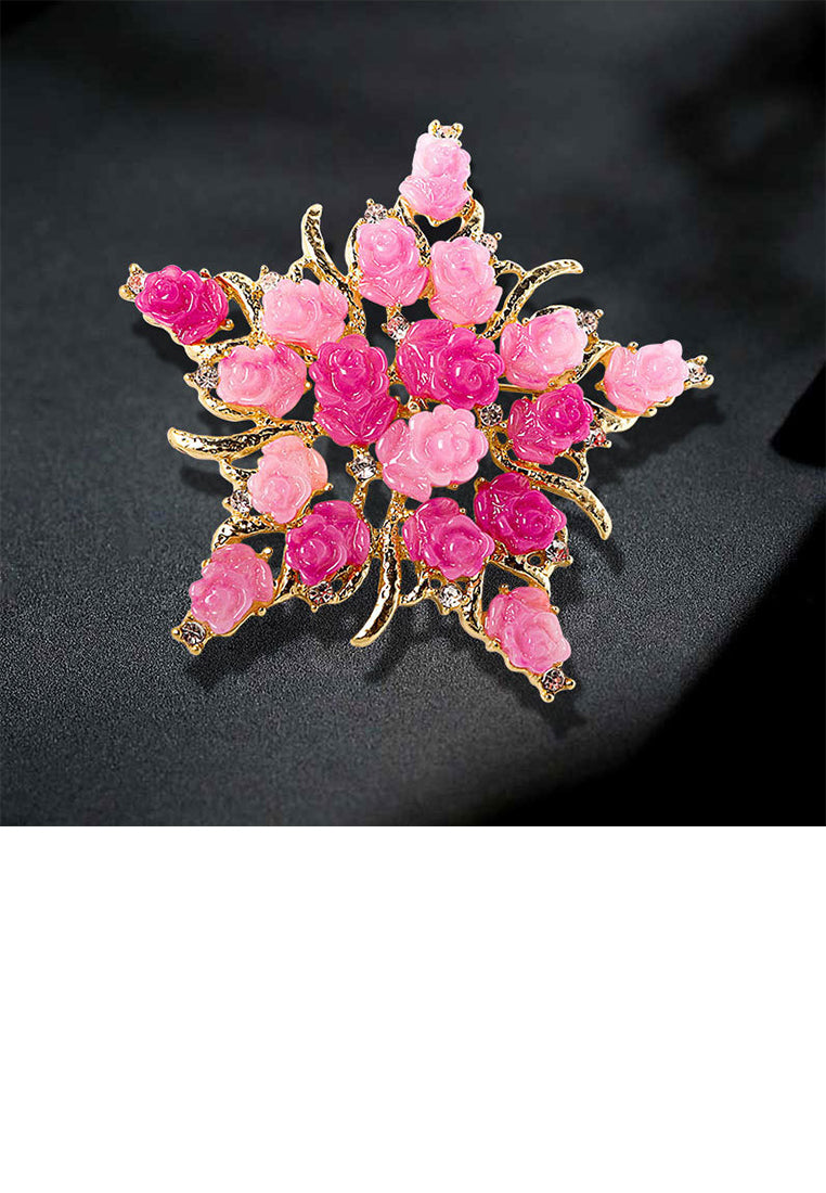 Fashion and Elegant Plated Gold Rose Star Brooch with Cubic Zirconia - Luxurious Look