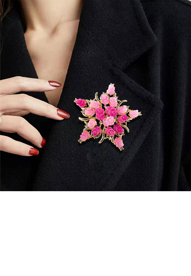 Fashion and Elegant Plated Gold Rose Star Brooch with Cubic Zirconia - Luxurious Look
