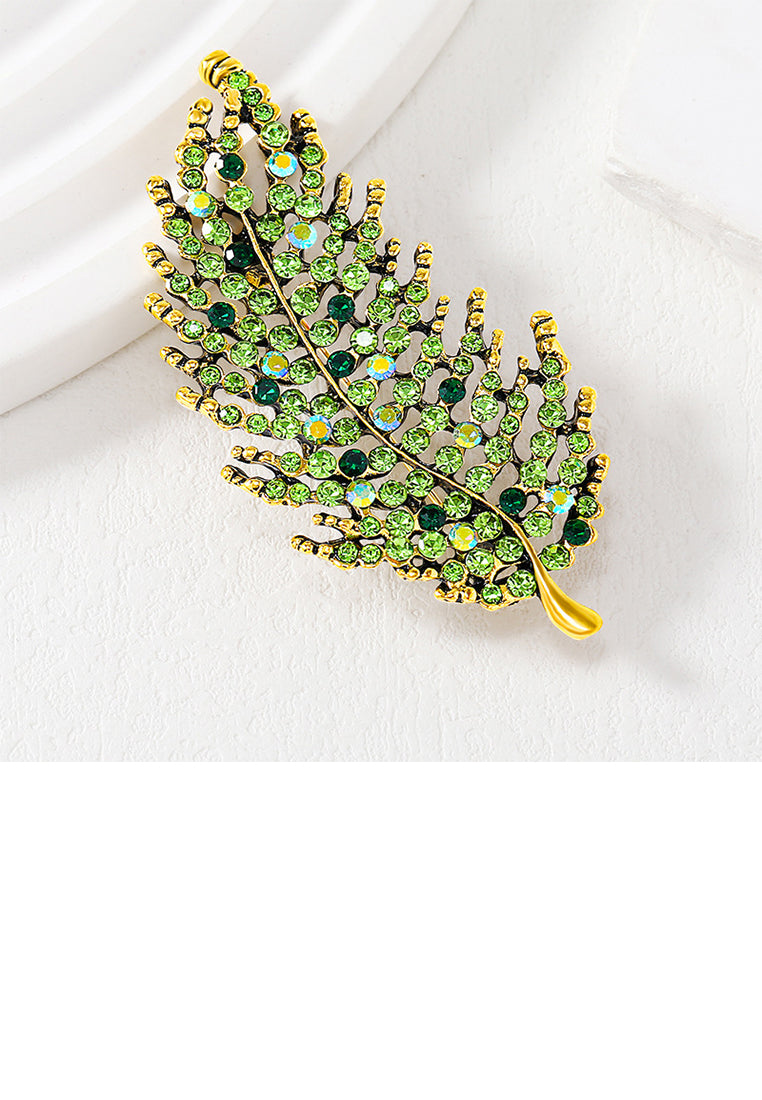 Fashion Brilliant Plated Gold Leaf Brooch with Green Cubic Zirconia - Luxurious Look