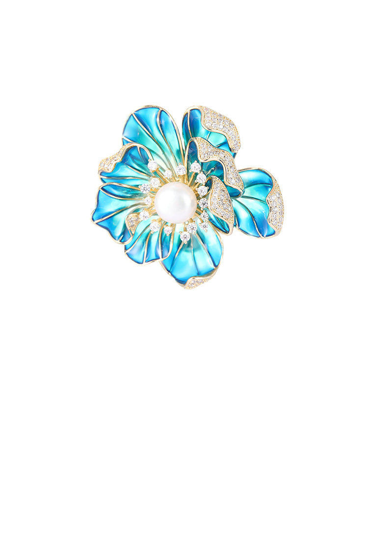 Fashion and Elegant Plated Gold Enamel Blue Flower Imitation Pearl Brooch with Cubic Zirconia - Luxurious Look