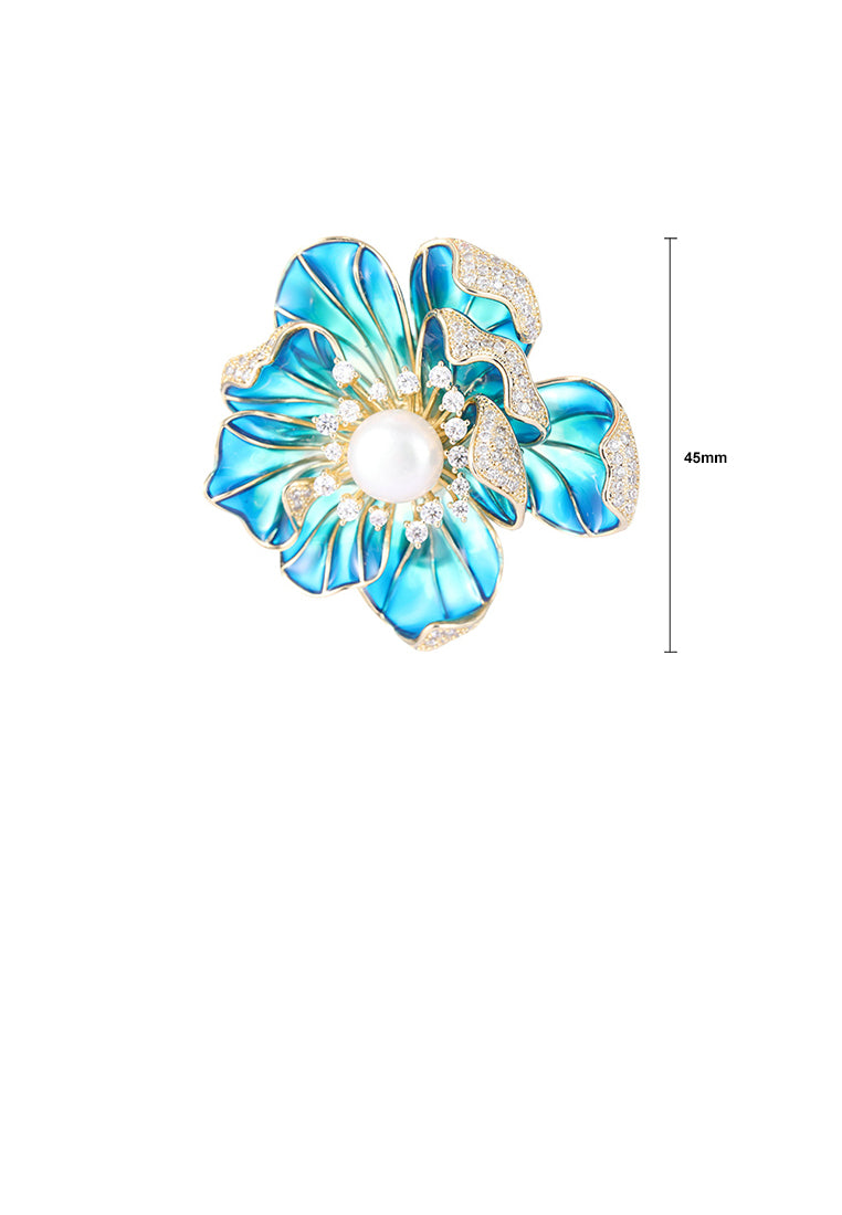 Fashion and Elegant Plated Gold Enamel Blue Flower Imitation Pearl Brooch with Cubic Zirconia - Luxurious Look