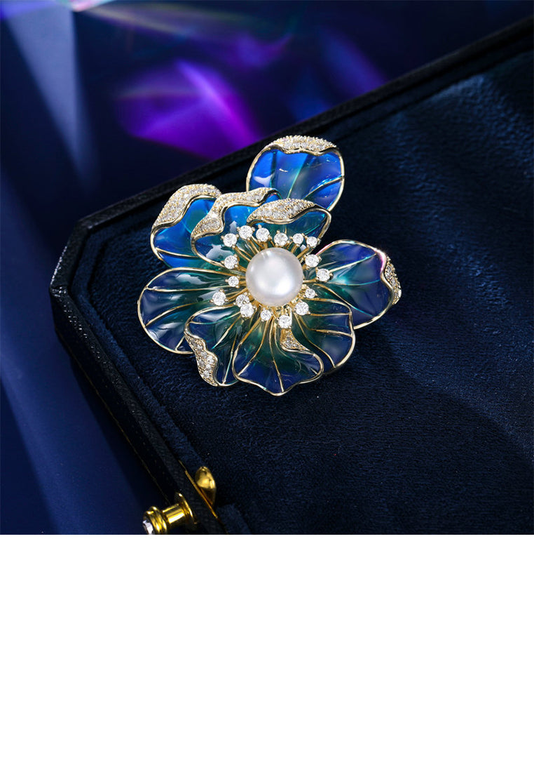 Fashion and Elegant Plated Gold Enamel Blue Flower Imitation Pearl Brooch with Cubic Zirconia - Luxurious Look