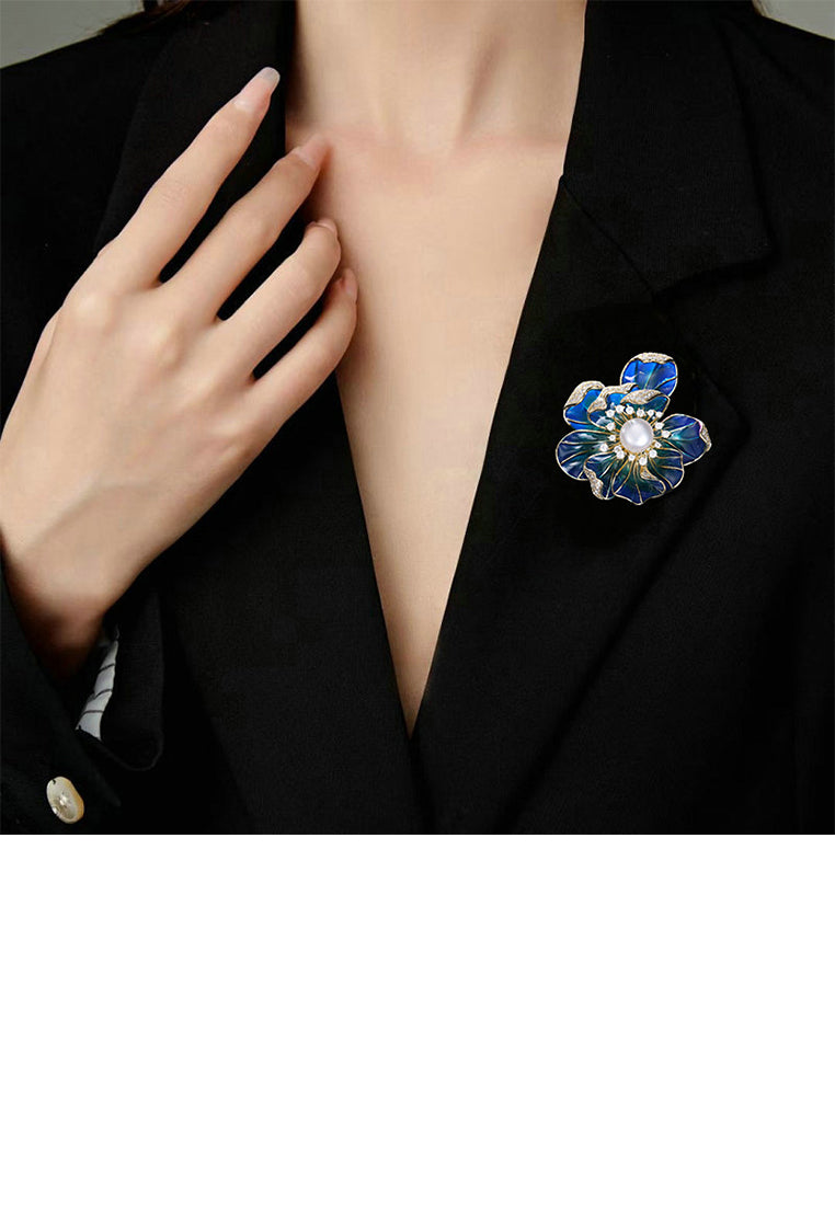 Fashion and Elegant Plated Gold Enamel Blue Flower Imitation Pearl Brooch with Cubic Zirconia - Luxurious Look