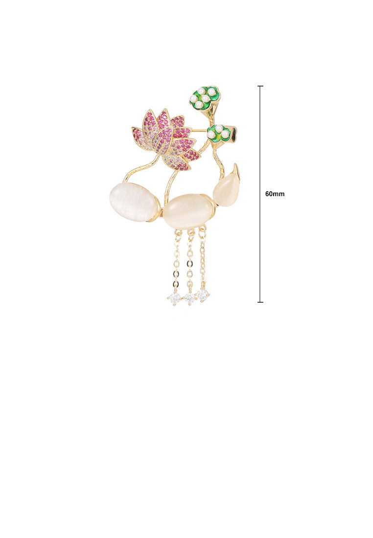 Elegant and Fashion Plated Gold Lotus Imitation Cats Eye Tassel Brooch with Cubic Zirconia - Luxurious Look