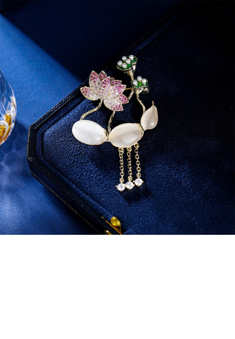 Elegant and Fashion Plated Gold Lotus Imitation Cats Eye Tassel Brooch with Cubic Zirconia - Luxurious Look
