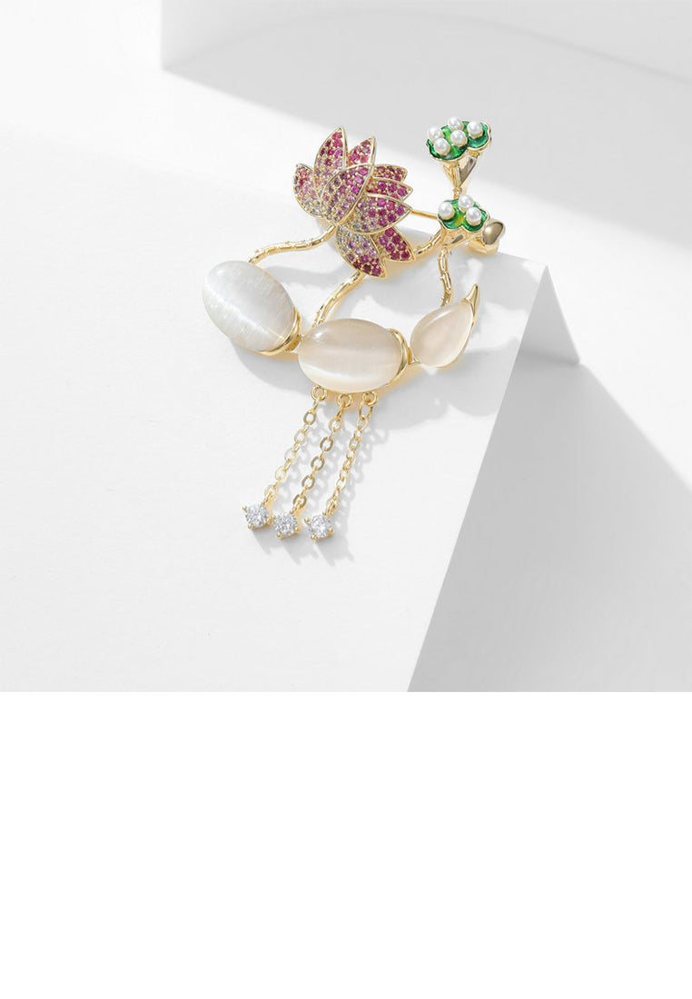 Elegant and Fashion Plated Gold Lotus Imitation Cats Eye Tassel Brooch with Cubic Zirconia - Luxurious Look