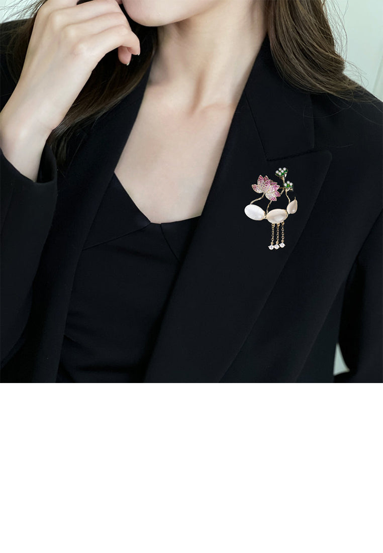 Elegant and Fashion Plated Gold Lotus Imitation Cats Eye Tassel Brooch with Cubic Zirconia - Luxurious Look